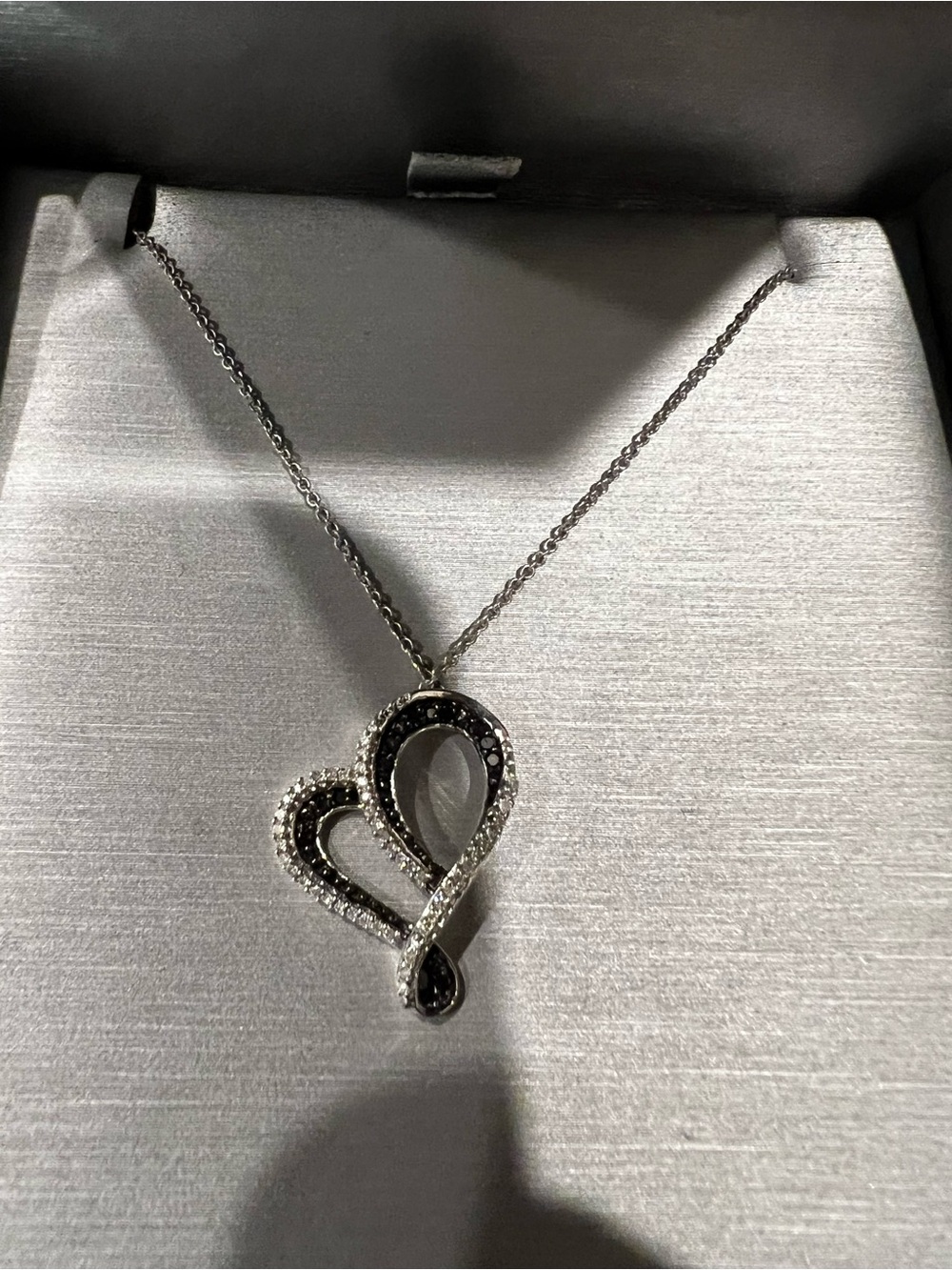 1/5 CT Black & White Diamond Tilted Heart Sterling Silver Necklace